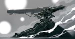  absurdres from_side green_eyes grey_background gun highres holding holding_gun holding_weapon looking_ahead mecha no_humans no_legs original science_fiction siku199 smoke solo weapon 