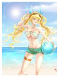  1girl azur_lane ball bangs bare_shoulders beach beachball bikini bikini_shorts blonde_hair blue_eyes blush bracelet breasts choker cleavage collarbone eyebrows_visible_through_hair front-tie_bikini front-tie_top hair_between_eyes hair_ornament highres holding holding_ball holding_beachball jewelry large_breasts long_hair looking_at_viewer navel necklace ocean open_mouth shorts sidelocks skindentation smile solo swimsuit theleopardcat thigh_strap thighs twintails very_long_hair victorious_(azur_lane) 