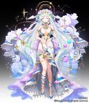  1girl absurdres apple_caramel armlet breasts cleavage closed_eyes company_name constellation dress full_body halo highres large_breasts long_hair official_art silver_hair simple_background smile solo very_long_hair white_dress 