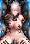  1girl absurdres arm_behind_back bangs banicha bare_shoulders blush breasts claws cleavage closed_mouth collarbone commentary demon_girl detached_collar eyebrows_visible_through_hair eyelashes grey_hair groin hair_between_eyes hand_up highres horns large_breasts legs_apart long_hair looking_at_viewer navel original revealing_clothes sitting smile solo stomach thighhighs very_long_hair yellow_eyes 