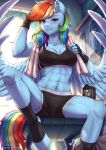  2020 abs anthro anthrofied blue_body bodily_fluids bottomwear breasts cleavage clothed clothing digital_media_(artwork) ear_piercing ear_ring equid equine evomanaphy female fingerless_gloves friendship_is_magic gloves hair handwear hasbro hi_res inner_ear_fluff looking_at_viewer mammal multicolored_hair multicolored_tail muscular muscular_anthro muscular_female my_little_pony pegasus piercing rainbow_dash_(mlp) rainbow_hair rainbow_tail shirt shorts sitting smile surface_piercing sweat tank_top text topwear towel tuft url wings 