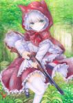  1girl animal_ears apron blush bob_cut breasts cat_ears colored_pencil_(medium) darkkanan dress graphite_(medium) green_eyes gun highres hood hoodie little_red_riding_hood lolita_fashion looking_at_viewer medium_breasts original shoes short_hair solo standing standing_on_one_leg thighhighs traditional_media watercolor_(medium) weapon white_hair white_legwear 