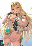  1girl bangs bare_shoulders blonde_hair blush breasts chest_jewel cleavage cowboy_shot dress dress_lift earrings eyebrows_visible_through_hair gem gloves gradient gradient_background grey_background highres jewelry large_breasts long_hair mythra_(xenoblade) navel nemunemu_semi panties skirt skirt_pull solo swept_bangs thigh_strap tiara underwear very_long_hair wet white_background white_dress white_gloves white_panties xenoblade_chronicles_(series) xenoblade_chronicles_2 yellow_eyes 