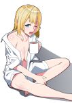  1girl bangs bare_legs bare_shoulders barefoot blonde_hair blue_eyes breasts cleavage collarbone cup foot_out_of_frame handsofmidaz highres holding holding_cup holding_leg hololive hololive_english medium_breasts medium_hair off_shoulder one_eye_closed open_clothes open_mouth simple_background sitting solo virtual_youtuber watson_amelia white_robe 