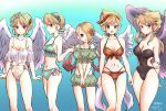  5girls angel_wings artist_request blonde_hair breasts breath_of_fire breath_of_fire_i breath_of_fire_ii breath_of_fire_iii breath_of_fire_iv breath_of_fire_v cleavage closed_mouth earrings hairband jewelry long_hair looking_at_viewer multiple_girls nina_(breath_of_fire_i) nina_(breath_of_fire_ii) nina_(breath_of_fire_iii) nina_(breath_of_fire_iv) nina_(breath_of_fire_v) red_wings short_hair simple_background swimsuit white_wings wings 