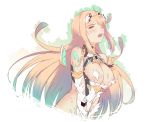 1girl bangs bare_shoulders blonde_hair blush bouncing_breasts breasts cat_with_a_brush cropped_torso exploding_clothes eyebrows_visible_through_hair from_below gem large_breasts long_hair mythra_(xenoblade) open_mouth solo sweat swept_bangs tiara torn_clothes upper_body v-shaped_eyebrows xenoblade_chronicles_(series) xenoblade_chronicles_2 
