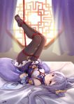  1girl arms_behind_back artist_name bdsm bed_sheet black_legwear blush bondage bound character_request china_dress chinese_clothes chinese_commentary commentary_request curtains dress eyebrows_visible_through_hair genshin_impact grey_hair hair_between_eyes highres honkai_(series) honkai_impact_3rd legs_up looking_at_viewer lying no_shoes on_back pantyhose purple_eyes red_rope restrained rope soles solo tied_up twintails yiduan_zhu 