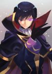  1boy absurdres brown_hair cape code_geass commentary geass glowing glowing_eye grey_background highres kurai_munio lelouch_lamperouge looking_at_viewer open_hand purple_eyes solo 