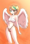  1girl angel_wings blonde_hair breasts breath_of_fire breath_of_fire_i closed_mouth green_eyes groin hairband highres looking_at_viewer navel nina_(breath_of_fire_i) panties red_panties sarashi short_hair simple_background smile solo underwear white_wings wings 