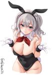  1girl animal_ears black_dress blue_eyes blush bow bowtie breasts bunny_ears bunny_girl bunny_tail bunnysuit cowboy_shot detached_collar dress ebifurya fake_animal_ears fake_tail gloves highres kantai_collection kashima_(kantai_collection) large_breasts light_blush sidelocks silver_hair smile tail tsurime twintails twitter_username wavy_hair white_background white_gloves wrist_cuffs 