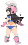  1girl armor ass bikini bikini_armor black_eyes black_hair blue_bikini boots butt_crack chi-chi_(dragon_ball) child dragon_ball dragon_ball_(classic) from_behind full_body gloves helmet highres kneepits long_hair looking_back murderhouse open_mouth pauldrons pink_footwear pink_gloves pink_headwear shoulder_armor simple_background solo swimsuit thighs wakaho_riku white_background 