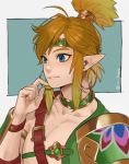  1boy alternate_costume armor artist_name blonde_hair blue_eyes chest_belt desert_voe_link earrings hand_up headband highres hoop_earrings ivy_draws jewelry link male_focus pointy_ears shoulder_armor sidelocks solo spaulders the_legend_of_zelda the_legend_of_zelda:_breath_of_the_wild twitter_username upper_body 