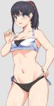  1girl bikini black_bikini black_hair blue_eyes blush breasts character_request check_character check_copyright cleavage contrapposto copyright_request cowboy_shot grey_background hand_on_hip large_breasts layered_bikini long_hair looking_at_viewer navel ponytail shiseki_hirame side-tie_bikini simple_background smile solo ssss.gridman swimsuit takarada_rikka 