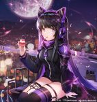  1girl apple_caramel bangs black_hair black_jacket black_legwear blunt_bangs breasts city company_name cupcake food gun headphones highres jacket long_sleeves looking_at_viewer medium_breasts moon mouth_hold multicolored_hair night night_sky original outdoors purple_eyes purple_hair sitting sky teardrop_tattoo thigh_strap thighhighs two-tone_hair watermark weapon 