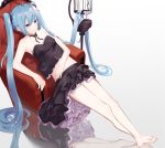  1girl absurdres ahoge aqua_eyes aqua_hair armchair armpits bangs bare_legs barefoot black_blouse black_dress black_ribbon black_skirt blouse breasts chair crossed_legs dress hair_between_eyes hair_ribbon hatsune_miku highres legs long_hair midriff navel neck_ribbon reflection reflective_floor ribbon sidelocks sitting skirt slouching small_breasts solo symbol_commentary very_long_hair vocaloid zeppeki_shoujo 