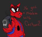  2019 ? angry anthro close-up clothed clothing dialogue domestic_pig english_text floppy_ears grey_background gun headgear humor long_ears looking_at_viewer male mammal marvel mask pointing_gun_at_you purblebaby question ranged_weapon simple_background solo spider-ham spider-ham_(character) spider-man:_into_the_spider-verse spider-man_(series) standing suid suina superhero sus_(pig) text uniform weapon white_eyes 