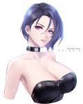  1girl artist_name azto_dio bare_shoulders black_choker breasts bustier choker cleavage collarbone commentary english_commentary fire_emblem fire_emblem:_three_houses highres large_breasts lips looking_to_the_side parted_lips patreon_username purple_eyes purple_hair shamir_nevrand short_hair simple_background solo upper_body white_background 