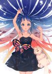  1girl absurdres arms_up bare_shoulders black_dress blue_hair breasts bug butterfly collarbone commentary_request dress highres insect long_hair open_mouth original outdoors partial_commentary small_breasts standing very_long_hair wolf yoshida_(penguindynamite) 