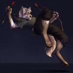  2020 4_toes 5_fingers anthro archery_(artist) arrow brown_nose canid canine canis coyote digital_media_(artwork) fingers hi_res holding_bow holding_object holding_weapon looking_at_viewer male mammal smile solo toes weapon 