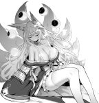  1girl animal_ear_fluff animal_ears azur_lane bangs bare_shoulders breasts cleavage closed_eyes detached_collar fox_ears fox_girl fox_tail greyscale highres hori_(hori_no_su) huge_breasts japanese_clothes kimono kitsune large_tail long_hair monochrome moon_phases multiple_tails off-shoulder_kimono shinano_(azur_lane) simple_background sleeping sleeves_past_wrists solo tail thighhighs very_long_hair white_background wide_sleeves 