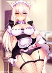  1girl animal_ear_fluff animal_ears apron arm_support artist_name bangs bell black_panties blonde_hair blue_eyes blush bow bow_panties bowtie breasts cat_ears cat_tail character_name cleavage coconut_(nekopara) commentary disconnected_mouth dress english_commentary eyebrows_visible_through_hair fishnet_legwear fishnets foxykuro frills garter_straps hair_bow heterochromia indoors jingle_bell large_breasts lifted_by_self long_hair looking_at_viewer maid maid_apron maid_headdress name_tag nekopara panties patreon_username platinum_blonde_hair puffy_short_sleeves puffy_sleeves purple_bow short_sleeves signature skindentation skirt skirt_lift slit_pupils smile solo sparkle striped table tail thighhighs thighs underwear vertical_stripes watermark web_address yellow_eyes 