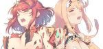  2girls bangs bare_shoulders blonde_hair blush bouncing_breasts breasts cat_with_a_brush cropped_torso exploding_clothes eyebrows_visible_through_hair from_below gem large_breasts long_hair multiple_girls mythra_(xenoblade) open_mouth pyra_(xenoblade) red_hair short_hair solo sweat swept_bangs tiara torn_clothes upper_body v-shaped_eyebrows xenoblade_chronicles_(series) xenoblade_chronicles_2 
