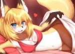  &lt;3 2020 5_fingers anthro bed bedding big_breasts black_nose blanket blonde_hair blue_eyes blush bottomless bra breasts brown_body brown_fur canid canine chest_tuft clothed clothing cute_fangs dipstick_ears featureless_crotch female fingers fox fur furniture glistening glistening_hair gloves_(marking) hair hi_res horokusa0519 inner_ear_fluff inside kemono looking_at_viewer lying mammal markings multicolored_ears navel on_bed on_side open_mouth pillow pupils red_clothing red_underwear slit_pupils solo tongue tuft under_covers underwear white_body white_fur yellow_body yellow_fur yellow_tail 