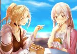  2girls bangs blonde_hair blue_eyes blurry blurry_background breasts choker cleavage cup disposable_cup drinking_straw eating eyebrows_visible_through_hair fast_food food french_fries hamburger highres holding holding_food hornet_(kantai_collection) kantai_collection kyougoku_touya lettuce long_hair looking_at_another medium_breasts multiple_girls one_eye_closed open_mouth orange_eyes pointing short_ponytail shoukaku_(kantai_collection) tank_top white_hair 