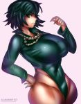  1girl alamander breasts curvy dark_green_hair dress fubuki_(one-punch_man) green_dress green_eyes green_hair green_leotard highres impossible_clothes jewelry large_breasts leotard looking_to_the_side necklace one-punch_man shiny shiny_skin short_hair signature simple_background smile thick_thighs thighs white_background 