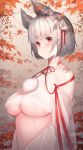  1girl animal_ears autumn_leaves bangs banicha bare_shoulders blush border breasts closed_mouth collarbone commentary_request day eyebrows eyebrows_visible_through_hair eyelashes grey_hair hair_ribbon highres inubashiri_momiji large_breasts leaf looking_at_viewer maple_leaf medium_breasts original outdoors pom_pom_(clothes) red_eyes red_ribbon ribbon see-through short_eyebrows short_hair solo thick_eyebrows underboob upper_body white_border wolf_ears 
