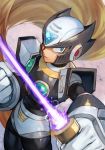  1boy android armor beam_saber black_armor black_zero blue_eyes clenched_hand energy energy_weapon forehead_jewel gem glowing grey_hair hankuri helmet holding holding_sword holding_weapon long_hair looking_at_viewer male_focus rockman rockman_x serious shoulder_armor solo sword symbol very_long_hair weapon zero_(rockman) 