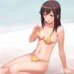  1girl a1 arm_support bikini blush breasts brown_eyes brown_hair collarbone commentary_request eyebrows_visible_through_hair ichijou_hotaru medium_breasts navel non_non_biyori open_mouth revision short_hair sitting smile solo swimsuit wet yellow_bikini 