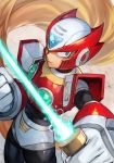  1boy android armor beam_saber blonde_hair blue_eyes clenched_hand energy energy_weapon forehead_jewel gem glowing hankuri helmet holding holding_sword holding_weapon long_hair looking_at_viewer male_focus red_armor rockman rockman_x serious shoulder_armor solo sword symbol very_long_hair weapon zero_(rockman) 
