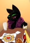  alcohol anthro beverage black_body black_fur blush cartoon_network chicken_wings chips_(food) clothing date domestic_cat dress_shirt felid feline felis first_person_view food fur green_eyes hi_res looking_at_viewer male mammal mao_mao:_heroes_of_pure_heart sheriff_mao_mao_mao shirt topwear vetiver_n 
