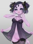  2020 5_eyes 5_fingers 6_arms absurd_res accessory animal_humanoid arachnid arachnid_humanoid areola arthropod arthropod_humanoid babydoll bare_shoulders black_bow black_clothing black_dress black_eyes black_hair black_legwear black_thigh_highs black_topwear blush bottomless breasts clothed clothing collarbone cute_fangs digital_drawing_(artwork) digital_media_(artwork) dress eyelashes fangs female fingers genitals glistening glistening_body glistening_skin grey_background hair hair_accessory hair_bow hair_bows hair_ribbon hairless_pussy hand_on_face happy hi_res humanoid humanoid_genitalia humanoid_pussy legwear looking_at_viewer monster monster_girl_(genre) mostly_nude muffet multi_arm multi_eye multi_limb navel nightgown nipples no_underwear noaharbre one_eye_closed open_mouth open_smile pigtails portrait purple_body purple_skin pussy ribbons short_hair short_twintails simple_background small_breasts smile solo spider spider_humanoid standing thick_thighs thigh_highs three-quarter_portrait tied_hair topwear translucent translucent_clothing translucent_topwear undertale video_games wide_hips wink 
