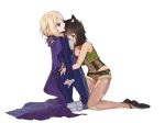  2girls andou_(girls_und_panzer) animal_ears armpit_peek ass bare_shoulders between_breasts black_hair blonde_hair blue_eyes blush breasts brown_eyes cape cosplay eyebrows_visible_through_hair fishnet_legwear fishnets full_body girls_und_panzer gyj2638 hair_ornament hair_ribbon head_between_breasts highres kneeling medium_breasts multiple_girls open_mouth oshida_(girls_und_panzer) ribbon saliva shiny shiny_hair short_hair shorts simple_background tongue tongue_out vampire werewolf white_background wolf_ears yuri 