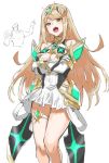  1boy 1girl absurdres armor bangs bare_shoulders blonde_hair blush breasts cleavage cleavage_cutout clothing_cutout crossed_arms dress earrings elbow_gloves gem gloves hair_ornament headpiece highres jewelry kirin_(xe) large_breasts legs long_hair looking_at_viewer malos_(xenoblade) mythra_(xenoblade) short_hair shoulder_armor shy swept_bangs thigh_strap thighs tiara tsundere very_long_hair white_dress xenoblade_chronicles_(series) xenoblade_chronicles_2 yellow_eyes 