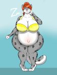  3:4 absurd_res anthro belly big_belly bikini breasts clothing felid female hair hi_res mammal pantherine pregnant snow_leopard solo swimwear zeromccall 