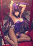  1girl animal_ears black_leotard bodysuit bow bowtie breasts bunny_ears bunny_girl bunnysuit detached_collar fake_animal_ears fake_tail fate/grand_order fate_(series) gae_bolg koyama_hirokazu large_breasts leotard long_hair looking_at_viewer pantyhose purple_bodysuit purple_hair red_eyes scathach_(fate)_(all) scathach_(fate/grand_order) strapless strapless_leotard tail wrist_cuffs 