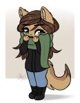  anthro blue_eyes boots bottomwear brown_hair canid canine canis chibi clothed clothing coyote denim denim_clothing fairdahlia female fluffy fluffy_tail footwear hair harper_(fairdahlia) hi_res jeans mammal pants scarf simple_background solo 