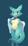  anthro b-epon bedding blanket blue_background blue_body blue_scales blush bodily_fluids breasts clothed clothing eyelashes featureless_crotch female hi_res horn kobold mostly_nude navel partially_clothed red_eyes scales scalie simple_background small_breasts solo spots spotted_body sweat yellow_body 