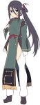  1girl black_footwear black_hair closed_mouth double-breasted full_body gloves holding long_hair long_sleeves looking_at_viewer open_pants pants pelvic_curtain purple_eyes shichiseiken_(tenka_hyakken) shiseki_hirame shoes side_ponytail simple_background smile solo standing tenka_hyakken white_background white_gloves white_pants 