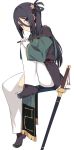  1girl baton black_footwear black_hair closed_mouth double-breasted from_side full_body gloves holding invisible_chair long_hair long_sleeves looking_at_viewer looking_to_the_side open_pants pants pelvic_curtain purple_eyes scabbard sheath sheathed shichiseiken_(tenka_hyakken) shiseki_hirame shoes side_ponytail simple_background sitting solo sword tenka_hyakken weapon white_background white_gloves white_pants 