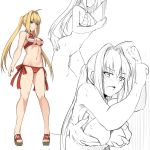  1girl ahoge bikini blonde_hair blush bottomless cameltoe closed_mouth criss-cross_halter fate/grand_order fate_(series) grabbing grabbing_from_behind green_eyes hair_intakes halterneck long_hair looking_at_viewer multiple_views navel nero_claudius_(fate)_(all) nero_claudius_(swimsuit_caster)_(fate) open_mouth pigeon-toed red_bikini sandals shiseki_hirame smile standing striped striped_bikini sweat swimsuit twintails very_long_hair white_background 