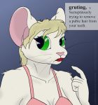  anthro blonde_hair bras breasts cleavage clothed clothing cybercorn_entropic cynthia_boggs definition english_text female fur green_eyes grey_background hair mammal mouse murid murine rodent simple_background solo text the_meaning_of_liff tongue whiskers white_body white_fur 