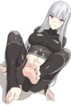  1girl ak-12_(girls_frontline) black_legwear blush breasts closed_mouth collarbone eyebrows_visible_through_hair feet full_body girls_frontline kageshio_(276006) long_hair looking_at_viewer medium_breasts purple_eyes silver_hair simple_background sitting skin_tight smile white_background 
