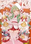  1girl :d ahoge akashi_(azur_lane) animal_ears animal_hood azur_lane bangs bare_shoulders bell blush cat_ears cat_hood cherry_blossoms coin_(ornament) commentary_request cowboy_shot eyebrows_visible_through_hair falling_petals fang flat_chest green_hair hair_between_eyes hair_ornament highres hood japanese_clothes jingle_bell kimono long_hair looking_at_viewer manjuu_(azur_lane) miniskirt open_mouth red_skirt saekiya_sabou sidelocks skin_fang skindentation skirt sleeveless sleeveless_kimono sleeves_past_fingers sleeves_past_wrists smile solo_focus standing standing_on_one_leg thighhighs torii tsunokakushi twitter_username uchikake very_long_hair wedge_heels white_kimono white_legwear wide_sleeves yellow_eyes zettai_ryouiki 