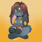  anthro bdsm bdsm_gear blush breasts chibi collar crossed_legs domestic_rabbit female gold_(metal) gold_jewelry hair hair_over_eye handcuffed hi_res jewelry lagomorph leporid lop_rabbit mammal natural_colors one_eye_obstructed oryctolagus pussycatcove rabbit sitting solo 