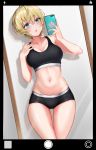  1girl absurdres ahoge ass_visible_through_thighs bare_arms bare_shoulders black_panties blonde_hair blue_eyes breasts cleavage collarbone commentary_request hands_up highres holding large_breasts looking_at_viewer midriff mirror navel open_mouth original panties phone rama_(yu-light8) reflection self_shot shadow short_hair solo sports_bra stomach thigh_gap thighs underwear 