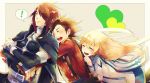  ! 1girl 2boys 9632 blonde_hair brown_eyes brown_hair collet_brunel kratos_aurion lloyd_irving long_hair multiple_boys open_mouth smile spiked_hair spoken_exclamation_mark tales_of_(series) tales_of_symphonia 